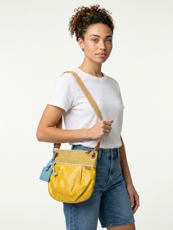 Fossil Handbags - Fossil Key-Per Yellow Crossbody Bag Canvas Leather Trim Boho Shoulder Purse